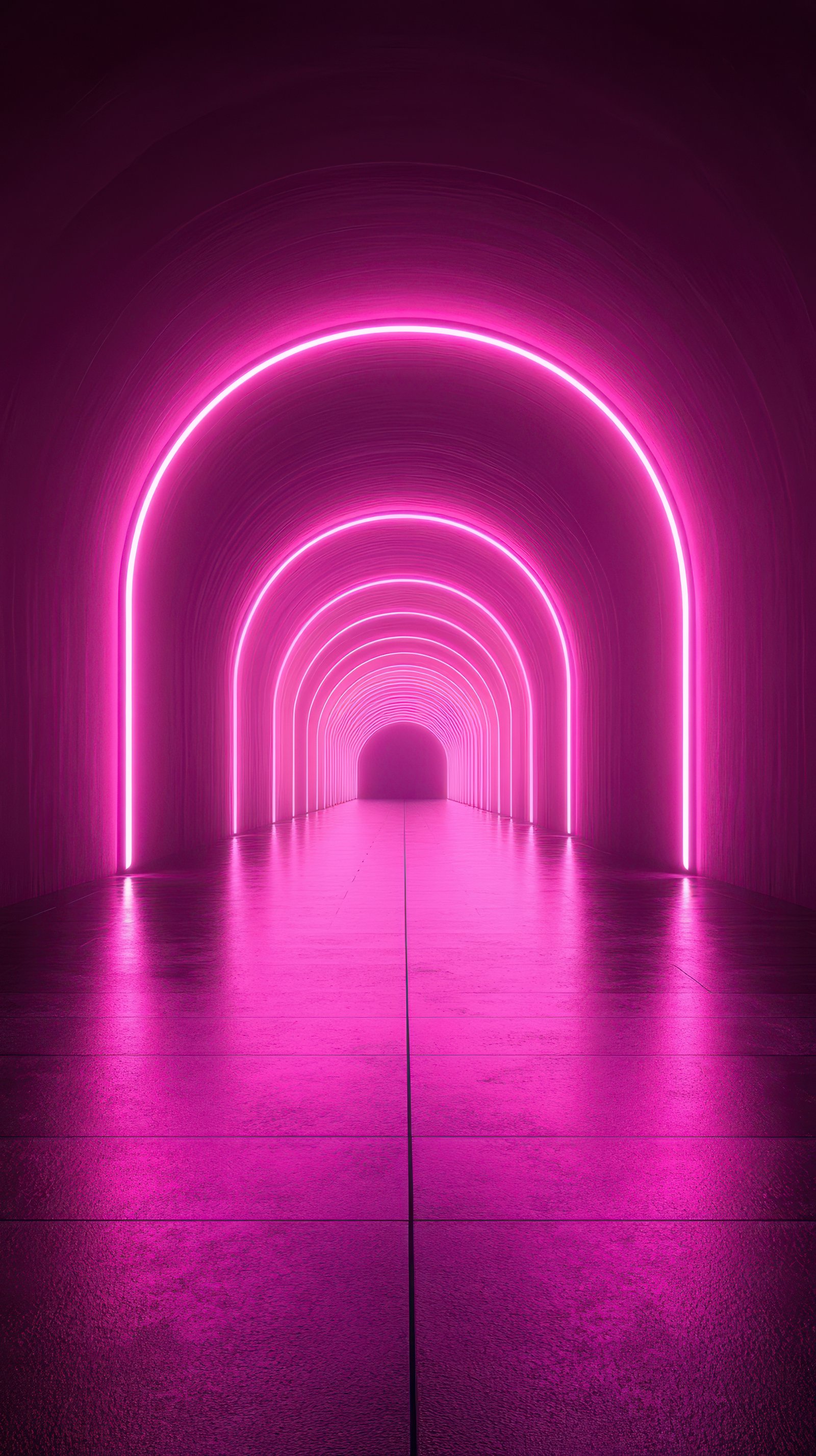 Vibrant pink neon arches illuminate a modern hallway at night in a futuristic setting